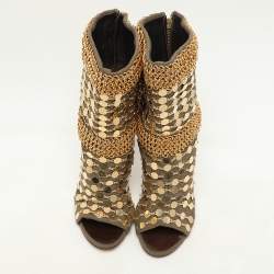 Giuseppe Zanotti Khaki Canvas Chain Embellished Mid Calf Boots Size 36