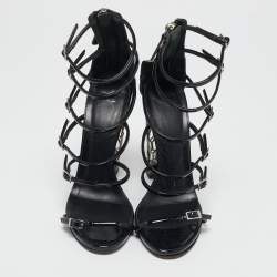 Giuseppe Zanotti Black Patent Leather Lauren Metal Cage Heel Strappy Sandals Size 38.5