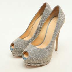 Giuseppe Zanotti Blue/Gold Studded Denim Peep Toe Platform Pumps Size 38