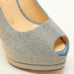 Giuseppe Zanotti Blue/Gold Studded Denim Peep Toe Platform Pumps Size 38