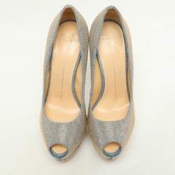 Giuseppe Zanotti Blue/Gold Studded Denim Peep Toe Platform Pumps Size 38