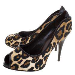 Giuseppe Zanotti Leopard Print Canvas Peep Toe Pumps Size 38.5