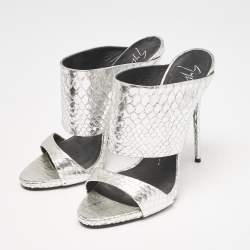 Giuseppe Zanotti Silver Snakeskin Embossed Leather Andrea Sandals Size 39