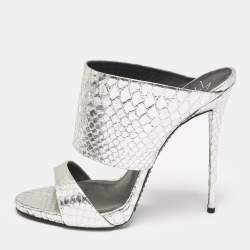 Giuseppe Zanotti Silver Snakeskin Embossed Leather Andrea Sandals Size 39