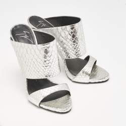 Giuseppe Zanotti Silver Snakeskin Embossed Leather Andrea Sandals Size 39