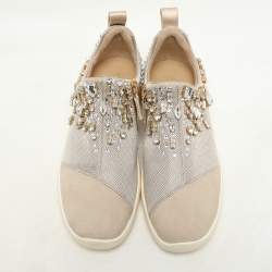 Giuseppe Zanotti Beige Crystal Embellished Suede And Mesh May London Slip On Sneakers Size 36.5
