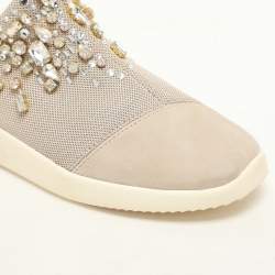 Giuseppe Zanotti Beige Crystal Embellished Suede And Mesh May London Slip On Sneakers Size 36.5
