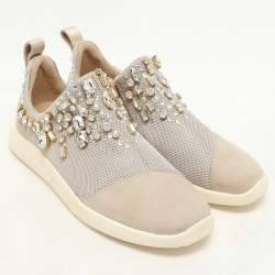 Giuseppe Zanotti Beige Crystal Embellished Suede And Mesh May London Slip On Sneakers Size 36.5
