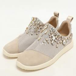 Giuseppe Zanotti Beige Crystal Embellished Suede And Mesh May London Slip On Sneakers Size 36.5