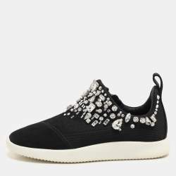 Giuseppe Zanotti Black Crystal Embellished Suede And Mesh May London Slip On Sneakers Size 36