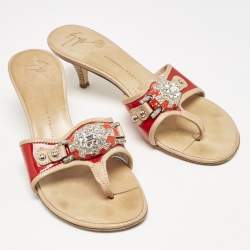 Giuseppe Zanotti Red/Red Leather And Patent Crystal Embellished Slide Sandals Size 38 