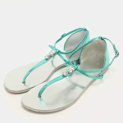 Giuseppe Zanotti Green Leather Embellished Flat Sandals Size 36