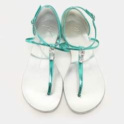 Giuseppe Zanotti Green Leather Embellished Flat Sandals Size 36