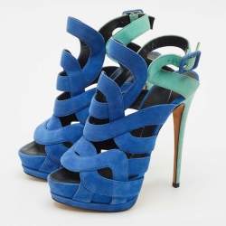 Giuseppe Zanotti Blue/Green Suede Cutout Caged Strappy Platform Sandals Size 39
