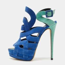 Giuseppe Zanotti Blue/Green Suede Cutout Caged Strappy Platform Sandals Size 39
