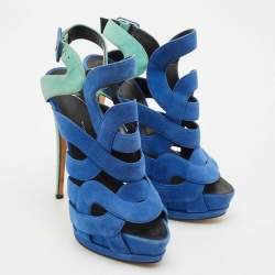 Giuseppe Zanotti Blue/Green Suede Cutout Caged Strappy Platform Sandals Size 39
