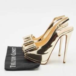 Giuseppe Zanotti Metallic Gold Leather Bow Platform Slingback Pumps Size 37.5