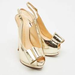 Giuseppe Zanotti Metallic Gold Leather Bow Platform Slingback Pumps Size 37.5