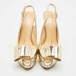 Giuseppe Zanotti Metallic Gold Leather Bow Platform Slingback Pumps Size 37.5