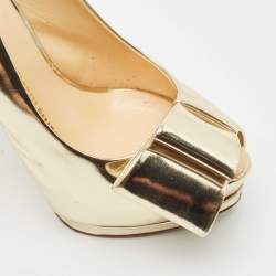 Giuseppe Zanotti Metallic Gold Leather Bow Platform Slingback Pumps Size 37.5