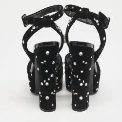 Pre Owned Giuseppe Zanotti Black Velvet Crystal Embellished Ankle Strap Platform Sandals Size 36