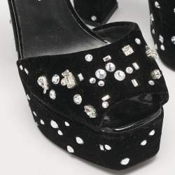 Pre Owned Giuseppe Zanotti Black Velvet Crystal Embellished Ankle Strap Platform Sandals Size 36
