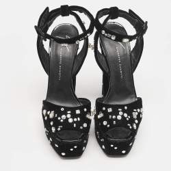Pre Owned Giuseppe Zanotti Black Velvet Crystal Embellished Ankle Strap Platform Sandals Size 36