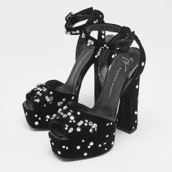 Pre Owned Giuseppe Zanotti Black Velvet Crystal Embellished Ankle Strap Platform Sandals Size 36