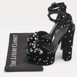 Pre Owned Giuseppe Zanotti Black Velvet Crystal Embellished Ankle Strap Platform Sandals Size 36