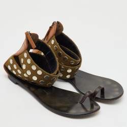 Pre Owned Giuseppe Zanotti Multicolor Studded Canvas and Leather Toe Ring Flat Sandals Size 38