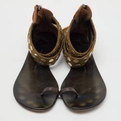 Pre Owned Giuseppe Zanotti Multicolor Studded Canvas and Leather Toe Ring Flat Sandals Size 38