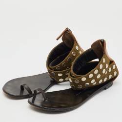 Pre Owned Giuseppe Zanotti Multicolor Studded Canvas and Leather Toe Ring Flat Sandals Size 38