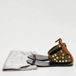 Pre Owned Giuseppe Zanotti Multicolor Studded Canvas and Leather Toe Ring Flat Sandals Size 38