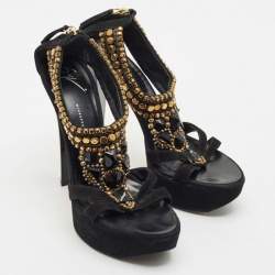 Giuseppe Zanotti Black Suede Embellished Platform Sandals Size 39