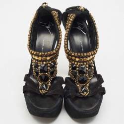 Giuseppe Zanotti Black Suede Embellished Platform Sandals Size 39