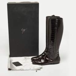 Giuseppe Zanotti Brown Croc Embossed Patent Leather Ringotto Knee Length Boots Size 38.5