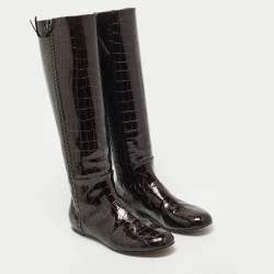 Giuseppe Zanotti Brown Croc Embossed Patent Leather Ringotto Knee Length Boots Size 38.5