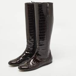 Giuseppe Zanotti Brown Croc Embossed Patent Leather Ringotto Knee Length Boots Size 38.5