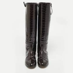 Giuseppe Zanotti Brown Croc Embossed Patent Leather Ringotto Knee Length Boots Size 38.5