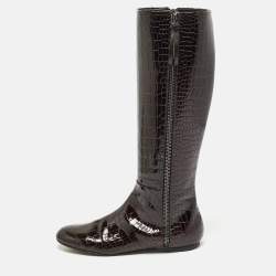 Giuseppe Zanotti Brown Croc Embossed Patent Leather Ringotto Knee Length Boots Size 38.5