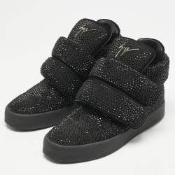 Giuseppe Zanotti Black Suede Crystal Embellished Puff Strap High Top Sneakers Size 42.5