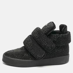 Giuseppe Zanotti Black Suede Crystal Embellished Puff Strap High Top Sneakers Size 42.5