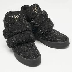 Giuseppe Zanotti Black Suede Crystal Embellished Puff Strap High Top Sneakers Size 42.5