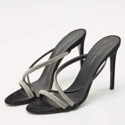 Giuseppe Zanotti Black Leather and Suede Crystal Embellished Slide Sandals Size 40