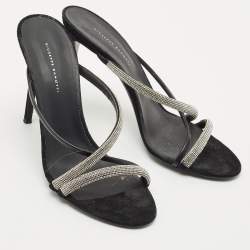 Giuseppe Zanotti Black Leather and Suede Crystal Embellished Slide Sandals Size 40