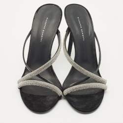 Giuseppe Zanotti Black Leather and Suede Crystal Embellished Slide Sandals Size 40