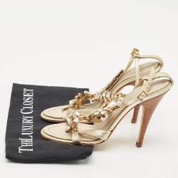 Giuseppe Zanotti Light Gold Leather Crystals Embellished Ankle Strap Sandals Size 36.5