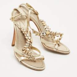 Giuseppe Zanotti Light Gold Leather Crystals Embellished Ankle Strap Sandals Size 36.5