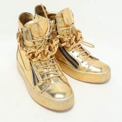 Giuseppe Zanotti Gold Leather Chain High Top Sneakers Size 37.5
