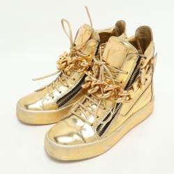 Giuseppe Zanotti Gold Leather Chain High Top Sneakers Size 37.5